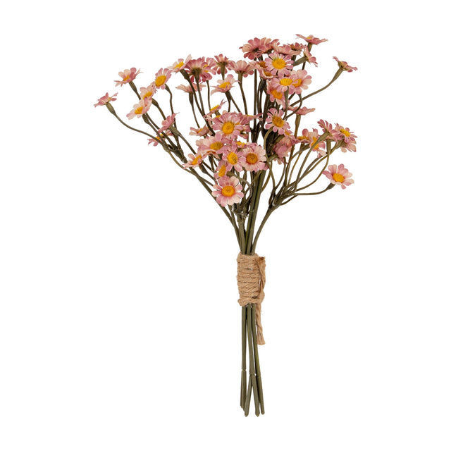 Hill Interiors Pink Daisy Bunch faux flower stem with layered pink petals and golden centres, tied with twine at the base, on a plain white background.