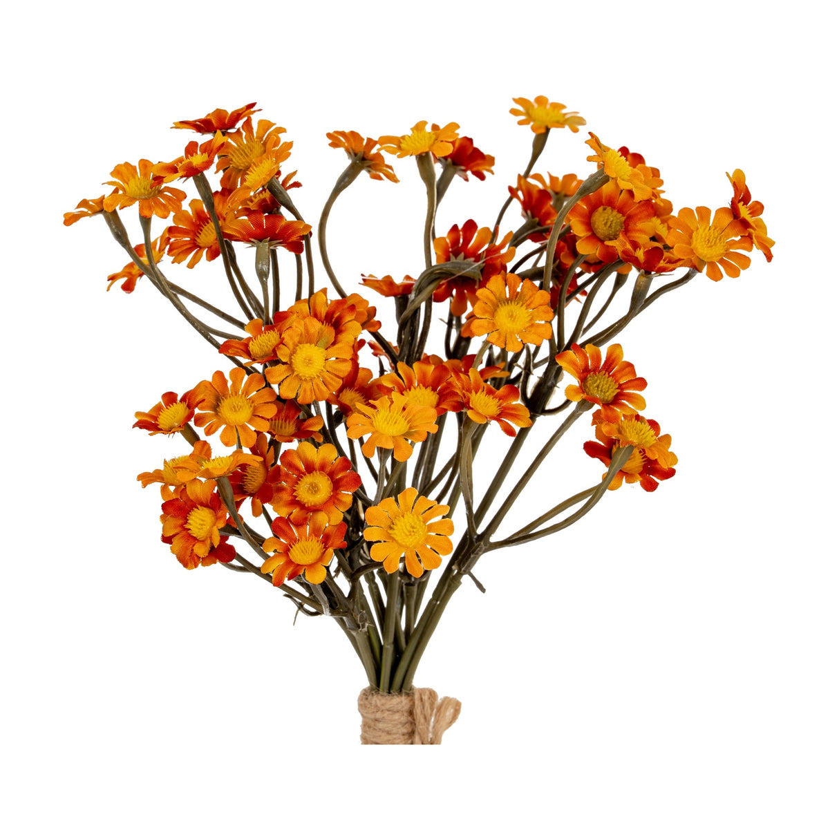 Hill Interiors Orange Daisy Bunch faux flower stem arrangement with clusters of small orange daisies on slim green stems, tied with twine, on white.