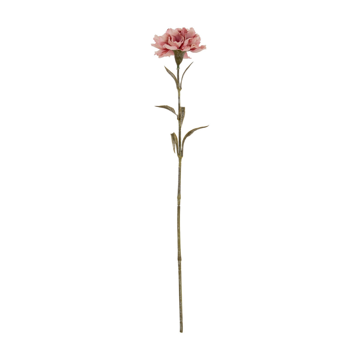 Hill Interiors Pink Carnation Stem with ruffled, fringed pink bloom atop a slim green leafed stem, shown against a plain white background.