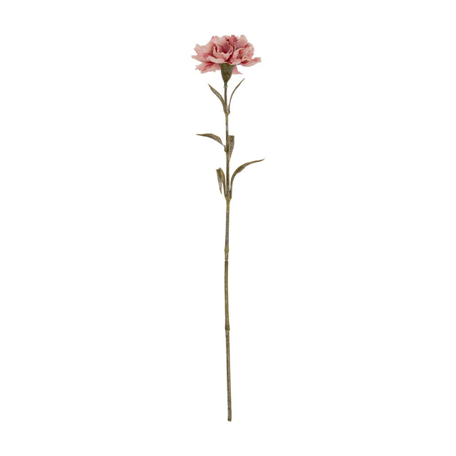 Hill Interiors Pink Carnation Stem with ruffled, fringed pink bloom atop a slim green leafed stem, shown against a plain white background.