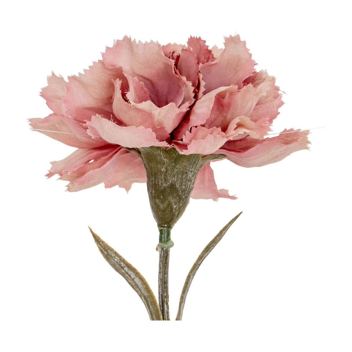 Close-up of Hill Interiors Pink Carnation Stem showing ruffled, fringed pink petals above a green calyx and slim leaves on a plain white background.