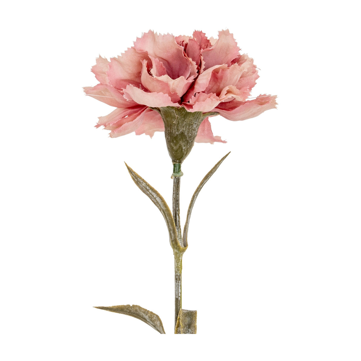 Hill Interiors Pink Carnation Stem with ruffled fringed petals and slim green leaves along a slender stem, shown against a plain white background.