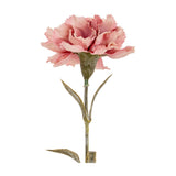 Hill Interiors Pink Carnation Stem with ruffled fringed petals and slim green leaves along a slender stem, shown against a plain white background.