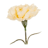 Hill Interiors Cream Carnation Stem with ruffled frilled petals atop a slender green stem with narrow leaves, shown on a plain white background.