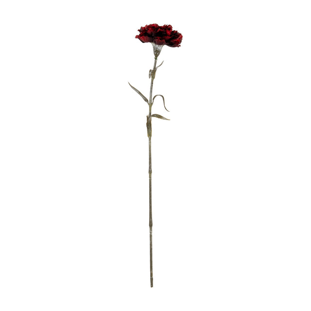 Hill Interiors Burgundy Carnation Stem, a faux flower with a ruffled deep red bloom and slim green foliage on a long stem, shown against a white background.