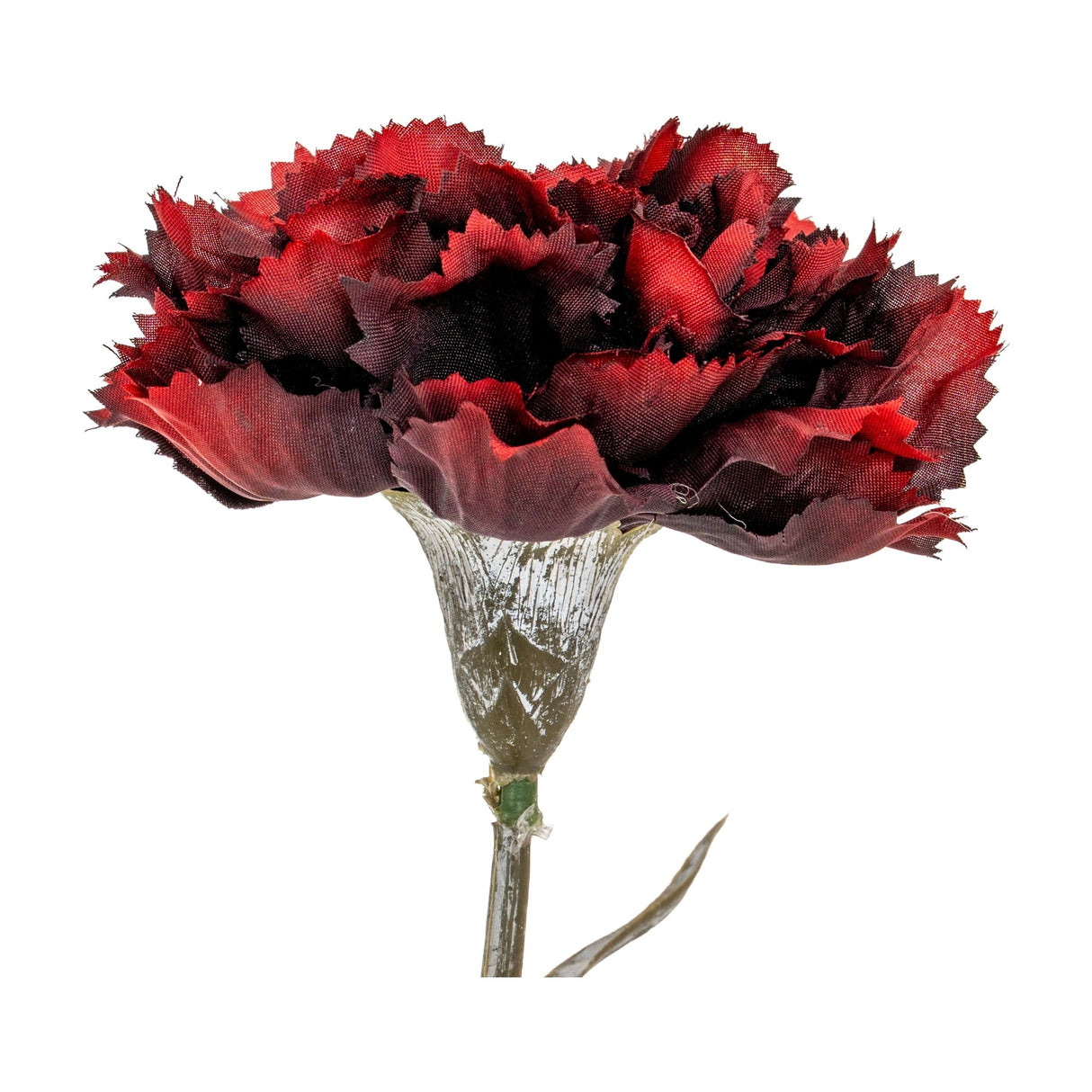 Hill Interiors burgundy carnation stem with layered, fringed deep red petals and a green calyx, shown against a plain white background.