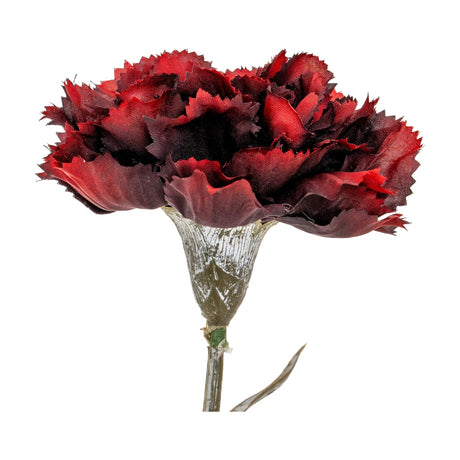 Hill Interiors burgundy carnation stem with layered, fringed deep red petals and a green calyx, shown against a plain white background.