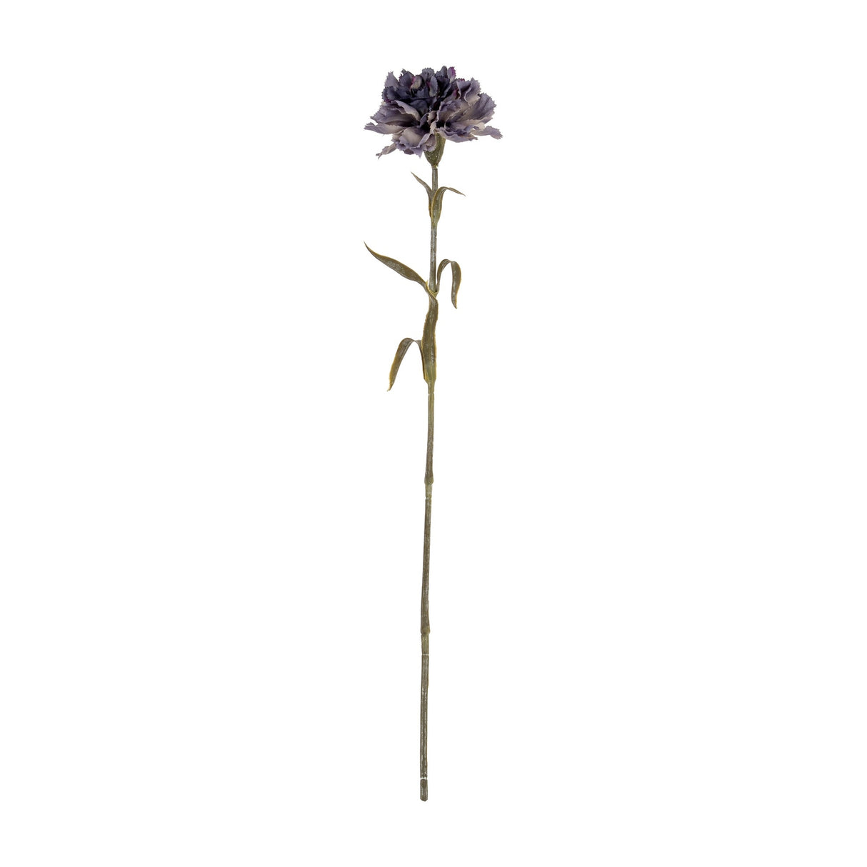 Hill Interiors Purple Carnation Stem with a ruffled, layered bloom in muted purple atop a slim green leafy stem, shown against a plain white background.