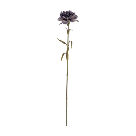 Hill Interiors Purple Carnation Stem with a ruffled, layered bloom in muted purple atop a slim green leafy stem, shown against a plain white background.