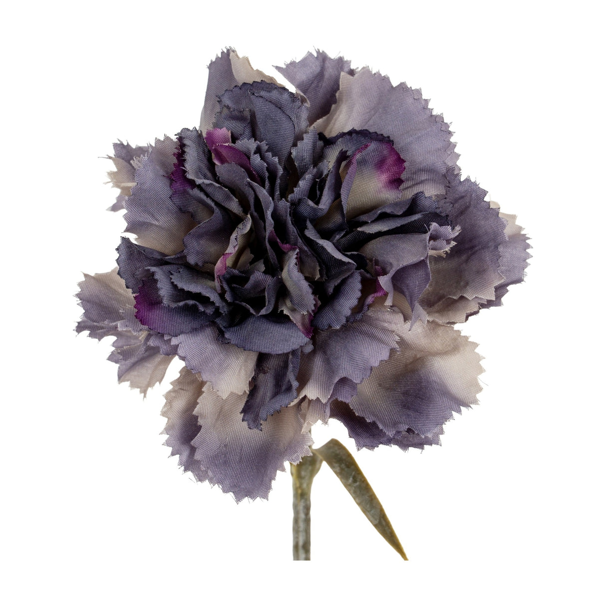 Hill Interiors Purple Carnation Stem with ruffled, fringed petals in shaded purple and mauve tones on a slim green stem, shown against a white background.
