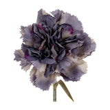 Hill Interiors Purple Carnation Stem with ruffled, fringed petals in shaded purple and mauve tones on a slim green stem, shown against a white background.