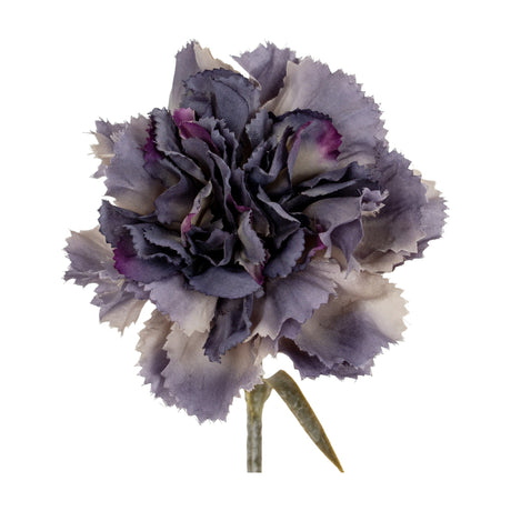 Hill Interiors Purple Carnation Stem with ruffled, fringed petals in shaded purple and mauve tones on a slim green stem, shown against a white background.