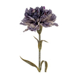 Hill Interiors Purple Carnation Stem with ruffled layered petals in muted purple tones and a slim green leafy stem, shown on a plain white background.