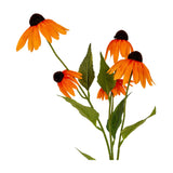 Hill Interiors Orange Echinacea Spray with four coneflower blooms, dark raised cones, ruffled petals and green foliage along the stem on a white background.