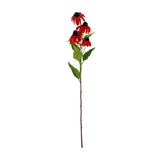 Hill Interiors Red Echinacea Spray faux flower stem with five red coneflower blooms, dark central cones and green leaves on a plain white background.