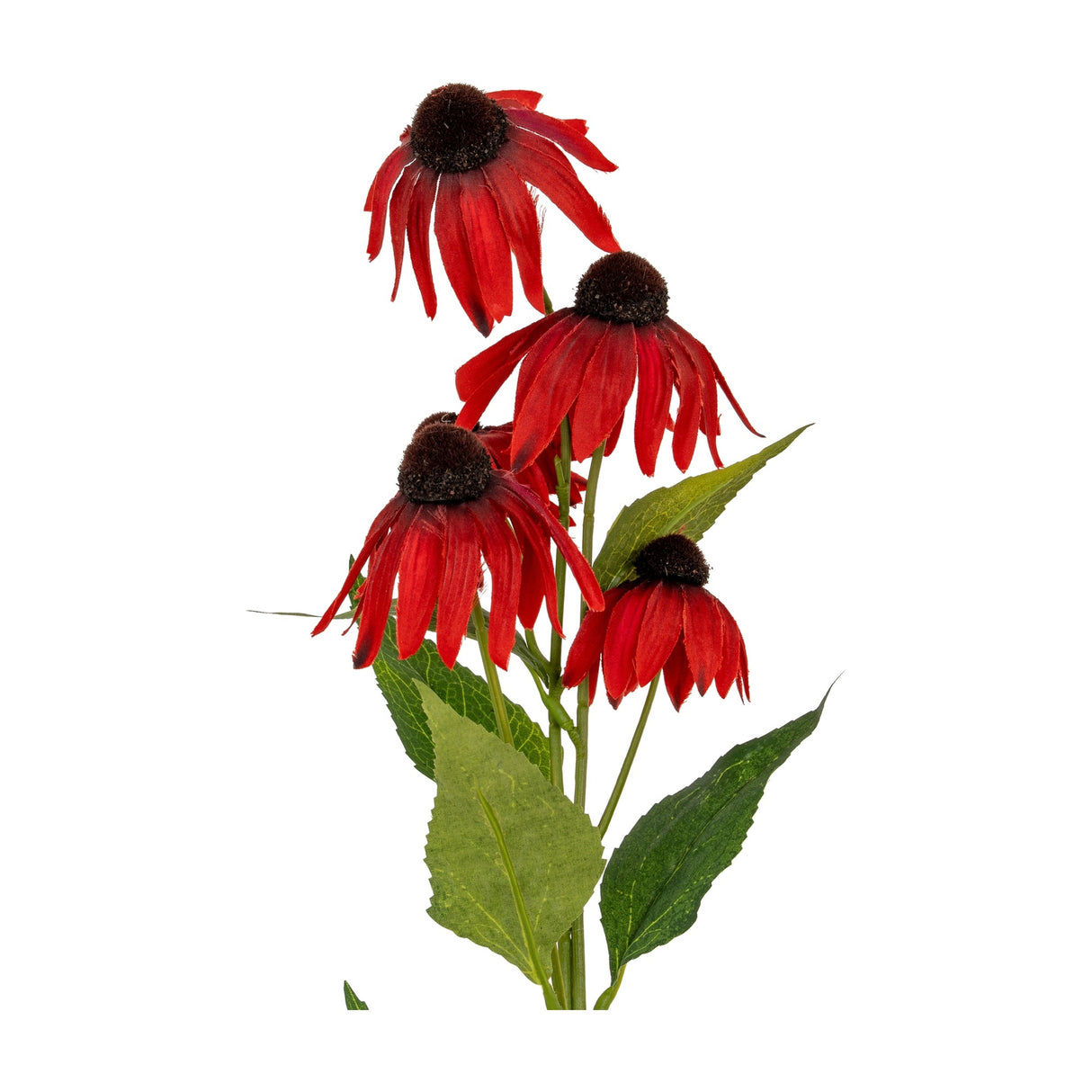 Hill Interiors Red Echinacea Spray faux flower stem with four red coneflower blooms, dark domed centres, and green leaves on a white background.