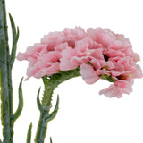 Close-up of the Hill Interiors Pink Statis Spray faux flower stem with papery pale pink blooms on a green branching stem against a white background.