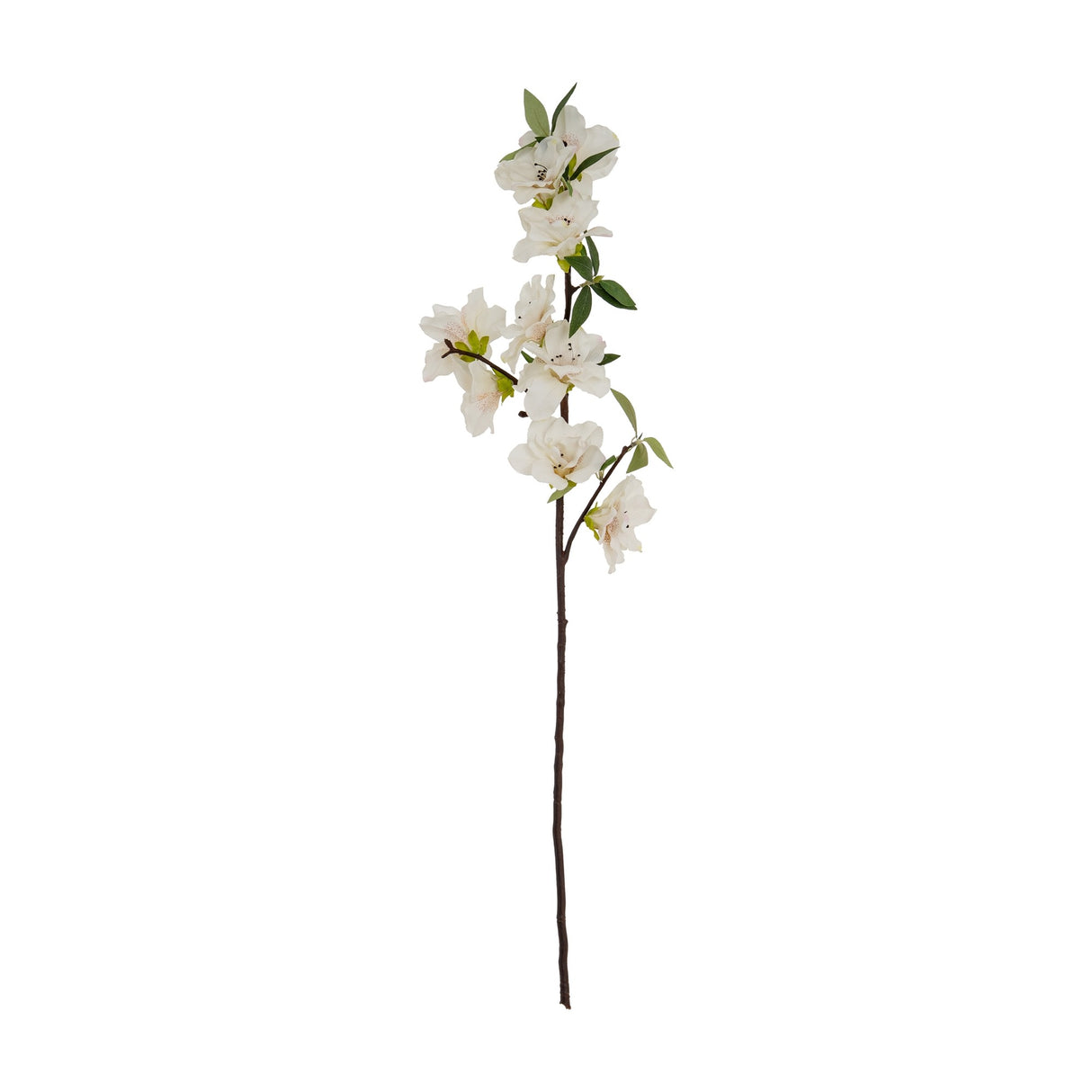 Hill Interiors White Bloom Large Spray, a tall faux flower stem with layered white blooms and green leaves on a slender branch, on a white background.
