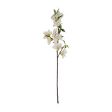Hill Interiors White Bloom Large Spray, a tall faux flower stem with layered white blooms and green leaves on a slender branch, on a white background.