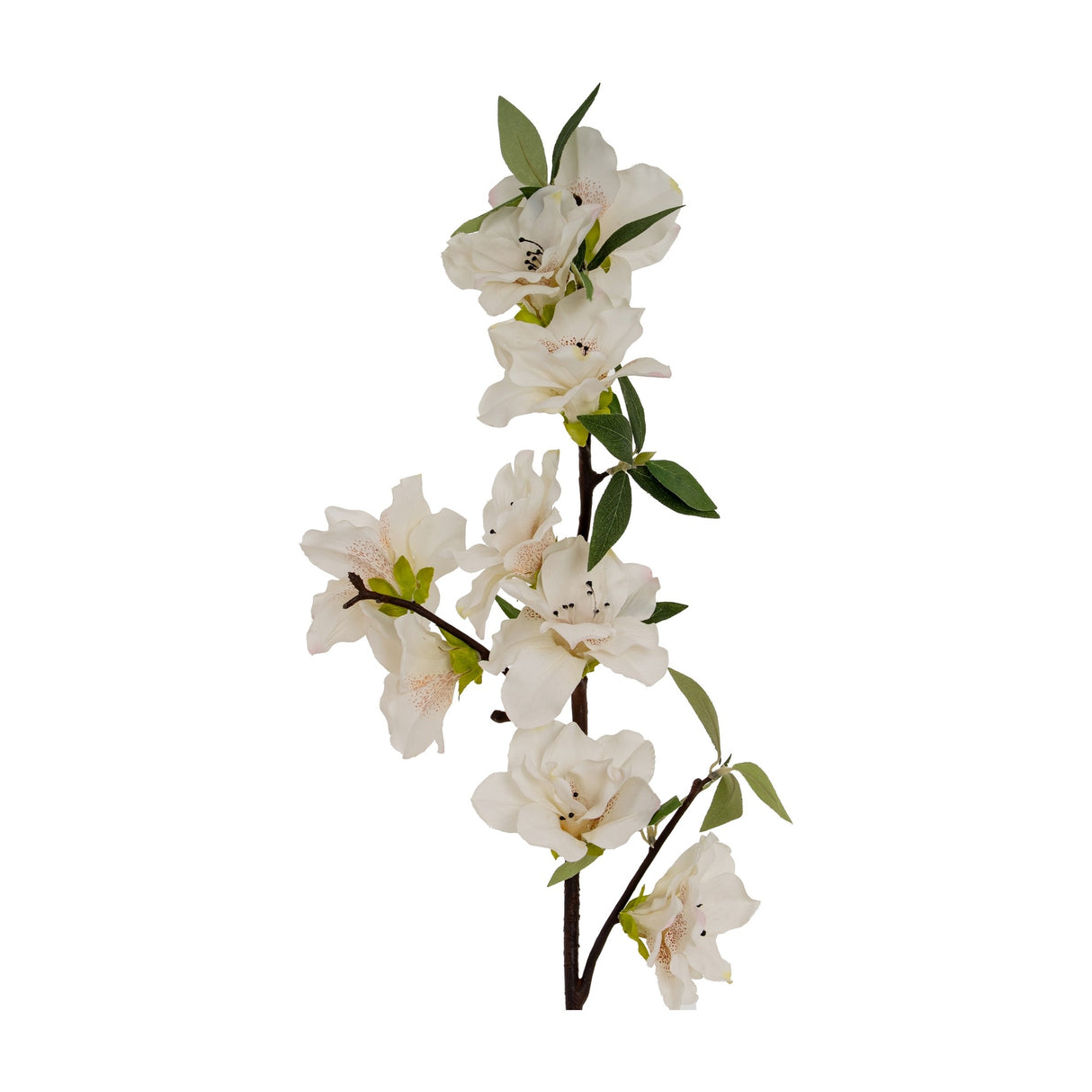 Hill Interiors White Bloom Large Spray, a tall artificial flower stem with layered white blooms, small buds, and green leaves on a plain background.