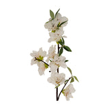 Hill Interiors White Bloom Large Spray, a tall artificial flower stem with layered white blooms, small buds, and green leaves on a plain background.