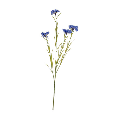 Hill Interiors Blue Cornflower Stem faux flower with four blue frilled blooms and slim green leaves on a plain white background.