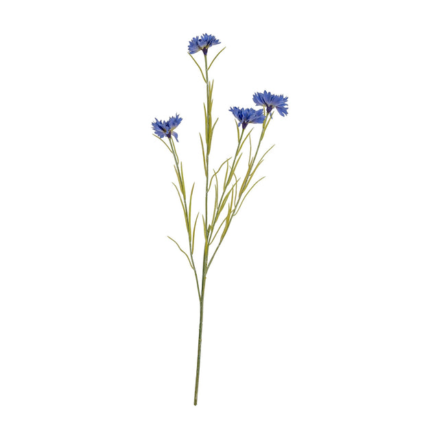 Hill Interiors Blue Cornflower Stem faux flower with four blue frilled blooms and slim green leaves on a plain white background.