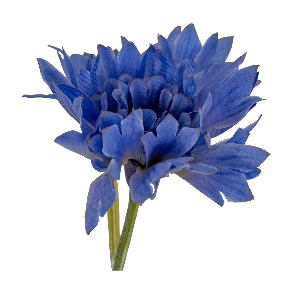 Hill Interiors Blue Cornflower Stem faux flower with layered frilled blue petals and a slim green stem, shown against a plain white background.