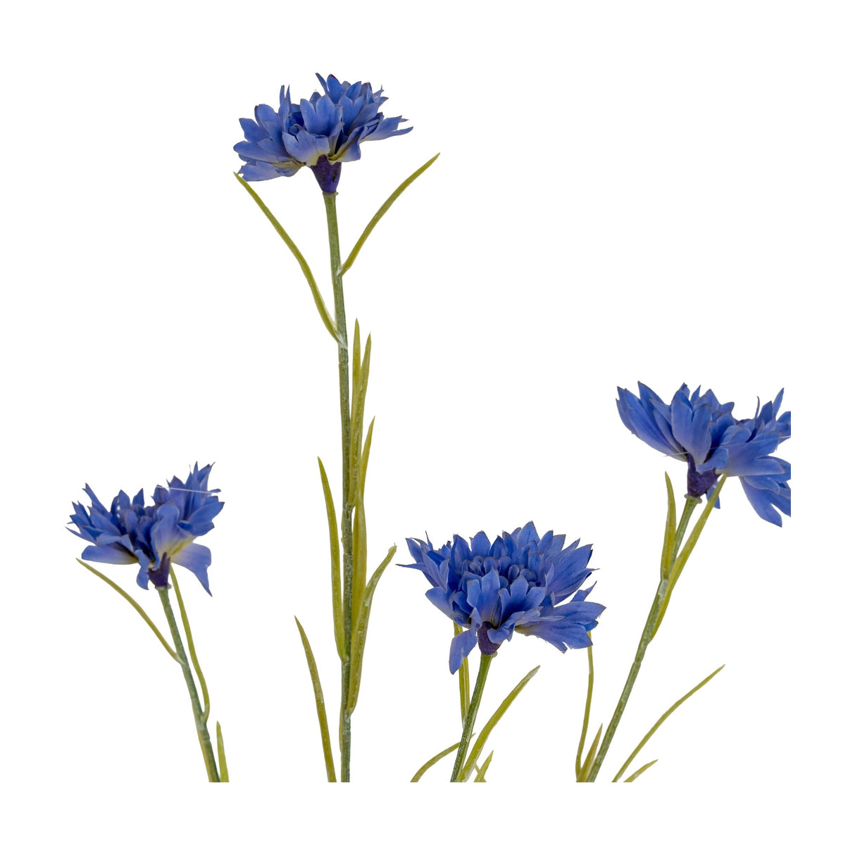 Hill Interiors Blue Cornflower Stem faux flowers with frilled blue petals and slim green leaves, shown against a plain white background.