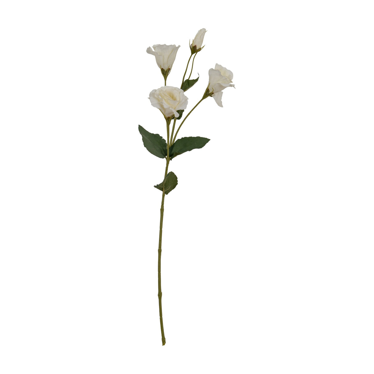 Hill Interiors White Lisianthus Spray with open ruffled blooms, tighter buds and slim green leaves along a bendable stem, shown on a plain white background.