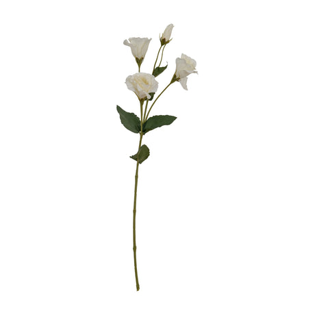Hill Interiors White Lisianthus Spray with open ruffled blooms, tighter buds and slim green leaves along a bendable stem, shown on a plain white background.