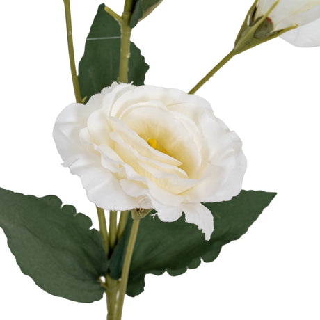 Hill Interiors White Lisianthus Spray faux flower stem with ruffled cream-white blooms, tighter buds and slim green leaves on a plain white background.