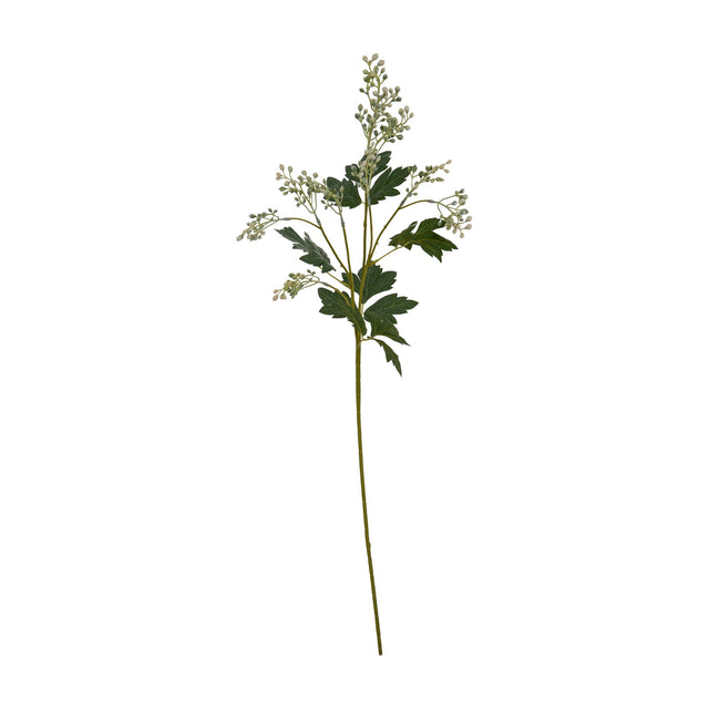 Hill Interiors Milk Thistle Bud Spray faux stem with green leaves and clustered pale buds along an upright branch, shown on a plain white background.