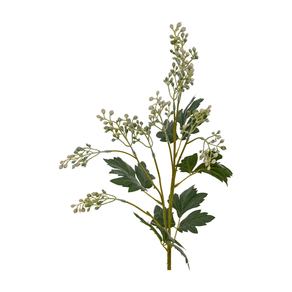 Hill Interiors Milk Thistle Bud Spray, a faux stem with clustered green buds and dark serrated leaves on an upright branch, shown on a white background.