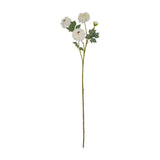 Hill Interiors White African Marigold Large Spray with three white pom-pom blooms, a small bud and green foliage on a tall stem, on white.