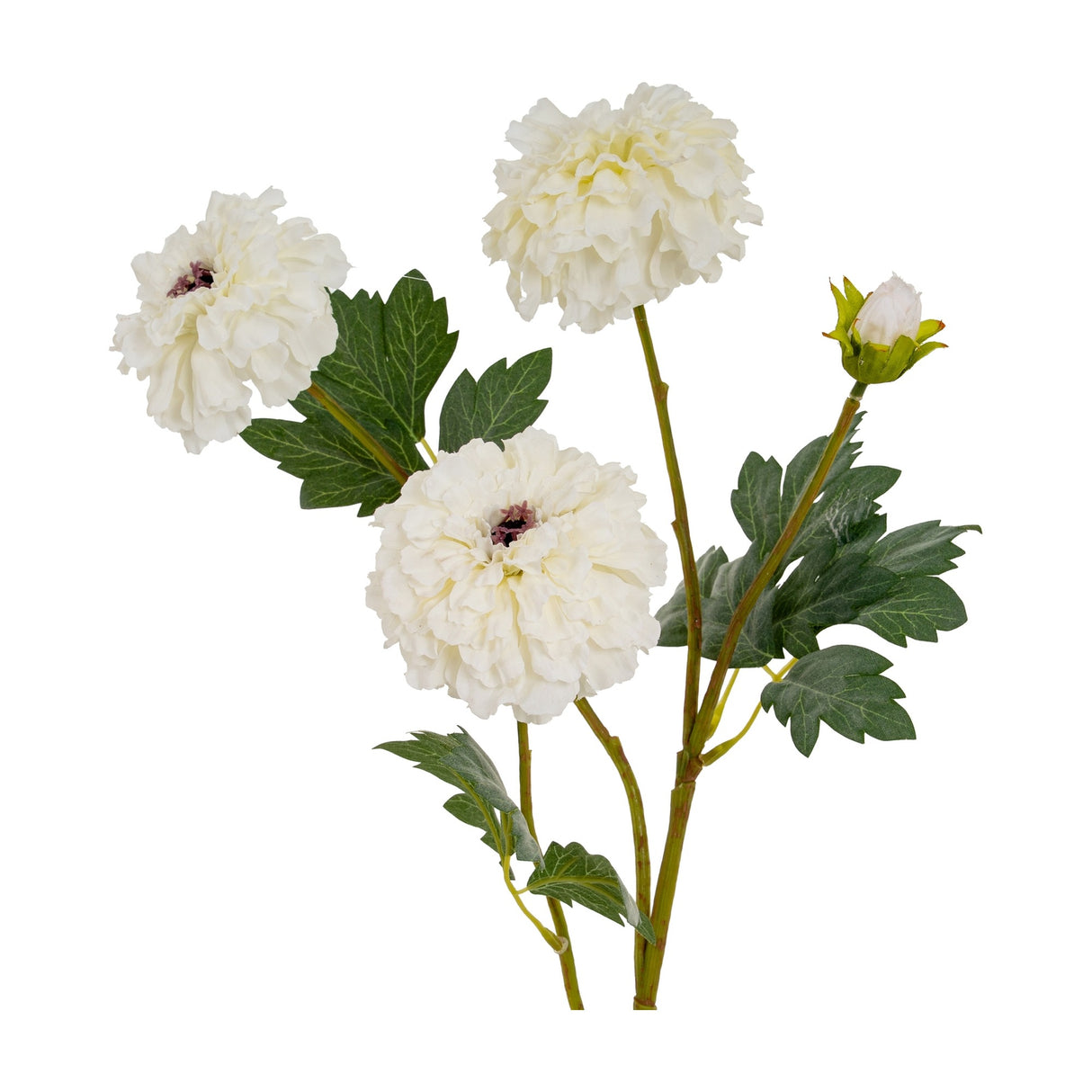 Hill Interiors White African Marigold Large Spray with three layered pom-pom blooms, a small bud, and green foliage on a white background.