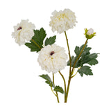 Hill Interiors White African Marigold Large Spray with three layered pom-pom blooms, a small bud, and green foliage on a white background.