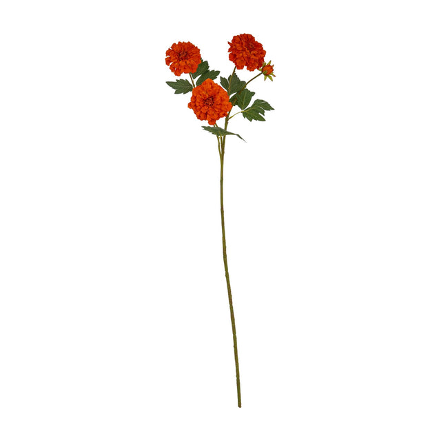 Hill Interiors Orange African Marigold Large Spray with three ruffled pom-pom blooms, a bud and green foliage on a tall plastic stem, plain white background.