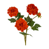 Hill Interiors Orange African Marigold Large Spray with three ruffled pom-pom blooms, a bud, and green foliage on a plastic stem against a white background.