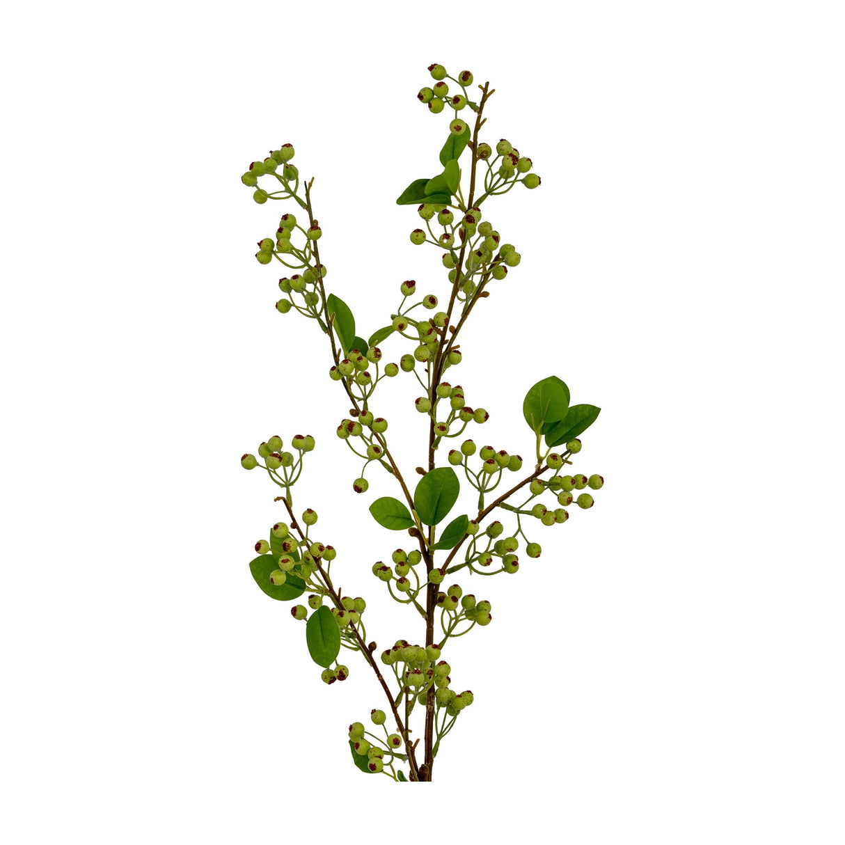 Hill Interiors Green Mossberry Large Branch faux foliage stem with clustered green berries and small leaves on slim twigs, shown on a white background.