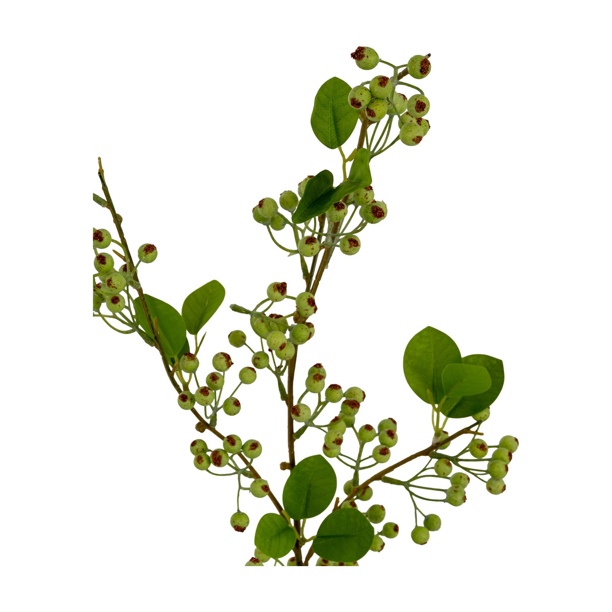 Hill Interiors Green Mossberry Large Branch faux stem with clustered green berries and rounded leaves on slender stems, shown on a plain white background.