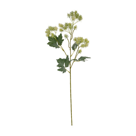 Hill Interiors Green French Meadow Spray, a faux branching stem with clusters of pale green blooms and dark green leaves, on a plain white background.