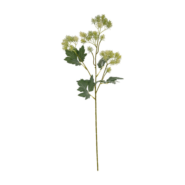 Hill Interiors Green French Meadow Spray, a faux branching stem with clusters of pale green blooms and dark green leaves, on a plain white background.
