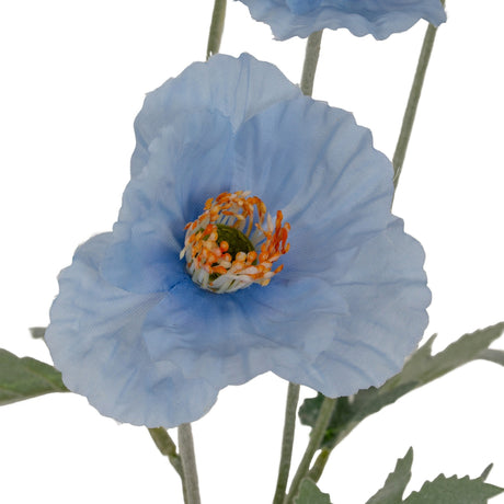 Hill Interiors Blue Papaver Poppy Spray with crinkled pale blue petals and orange stamens on a slender green stem, shown against a white background.