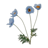 Hill Interiors Blue Papaver Poppy Spray with four pale blue blooms, yellow centres and grey-green foliage on slender stems against a white background.