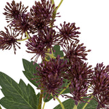 Close-up of Hill Interiors Purple French Meadow Spray with clustered purple blooms, fine buds and green leaves on slim stems against a white background.