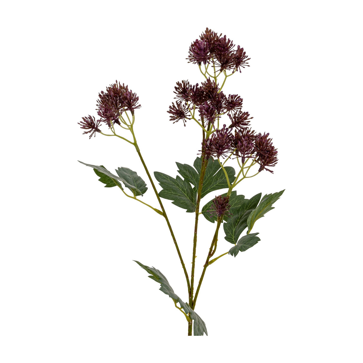 Hill Interiors Purple French Meadow Spray, a faux flower stem with clustered purple blooms, buds and green foliage, shown on a plain white background.