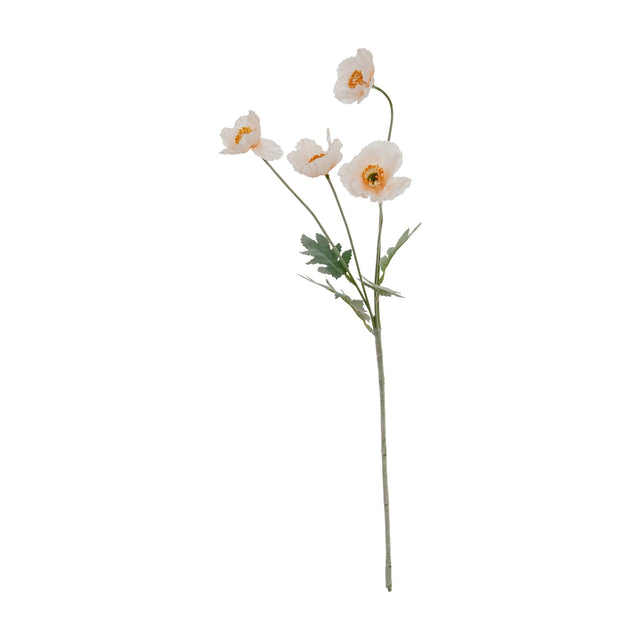 Hill Interiors Cream Papaver Poppy Spray with four cream blooms, slender buds and green foliage on a bendable stem, shown on a plain white background.