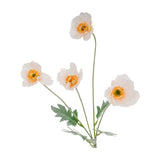 Hill Interiors Cream Papaver Poppy Spray with four cream poppy heads, yellow centres and green foliage on bendable stems against a white background.