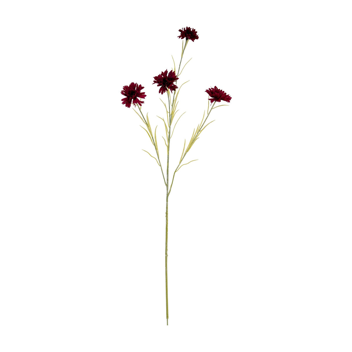 Hill Interiors Burgundy Cornflower Stem with four deep red ruffled blooms and slim green foliage on a tall wired stem, shown on a plain white background.